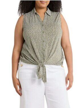 Adrianna Papell Womens Green Sleeveless Tie Front Button Up Top Plus Sz 2X New